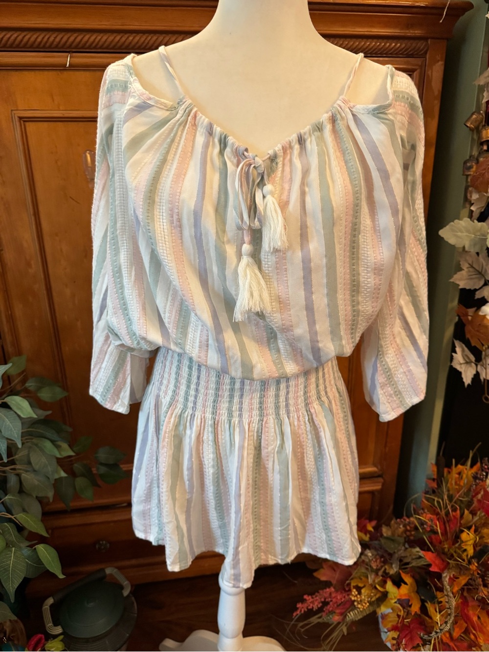 Surf Gypsy Pastel Striped Cold-Shoulder Mini Dress with Tassels
